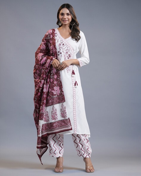Women Embroidered Angrakha Kurta Suit Set Price in India
