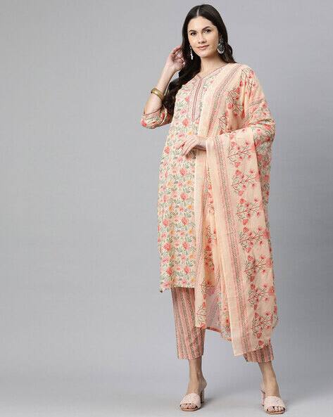 Women Floral Print Straight Kurta with Pants & Dupatta