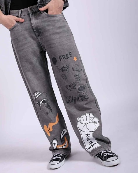 Men Printed Baggy Fit Mid-Rise Lightly Washed Jeans