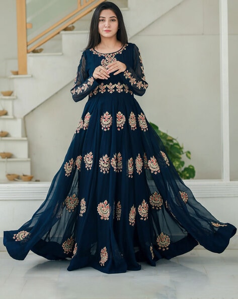 Buy Party Wear Navy Blue Embroidery Work Silk Gown Online From Surat  Wholesale Shop.