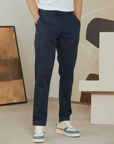 Buy Andamen Men Straight Fit Single-Pleat Trousers Navy Blue