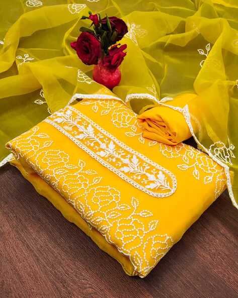 Yellow & Gold-Toned Floral Embroidered Unstitched Dress online Material