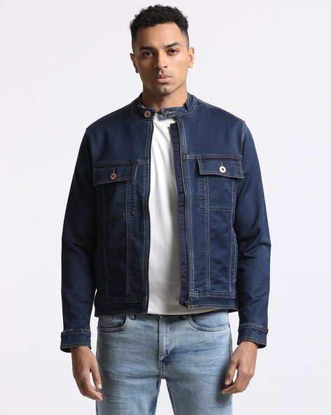 Men Washed Regular Fit Zip-Front Denim Jacket