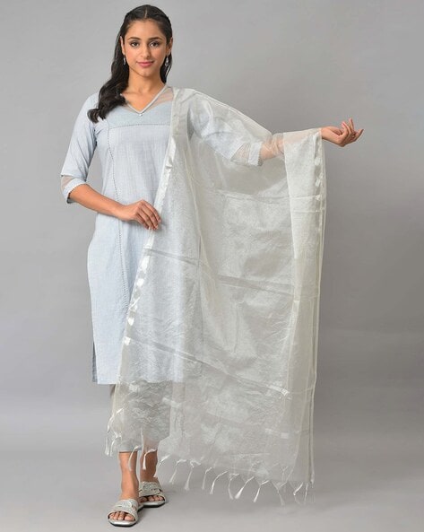 Women Yarn-Dyed Dupatta with Tassels Price in India
