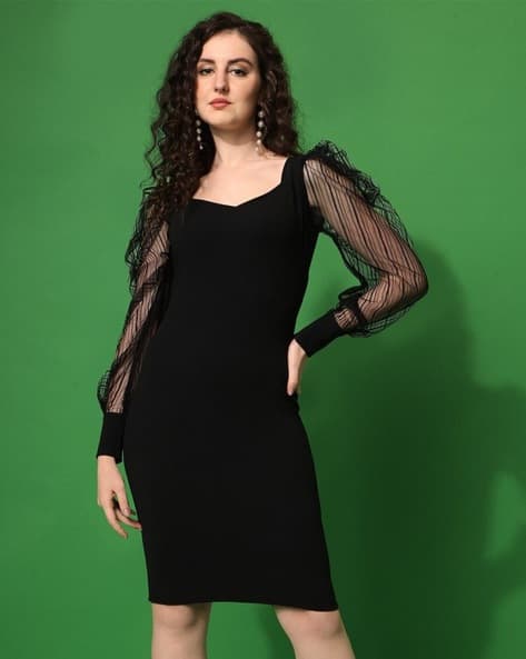 long bodycon floral dress Colette Panelled Puff Sleeve Midi Dress in Black