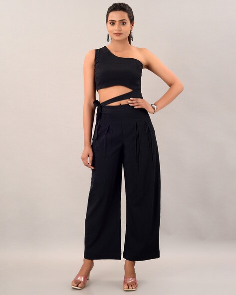 Women Solid Olive One-Shoulder Neck Sleeveless Slip-On Smocked Crop Top &  Wide-Leg Trousers Co-Ord Set - Berrylush