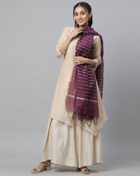 Women Striped Dupatta with Tassels Price in India