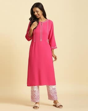 w Women Straight Kurta with Embroidered Yoke-picture-26