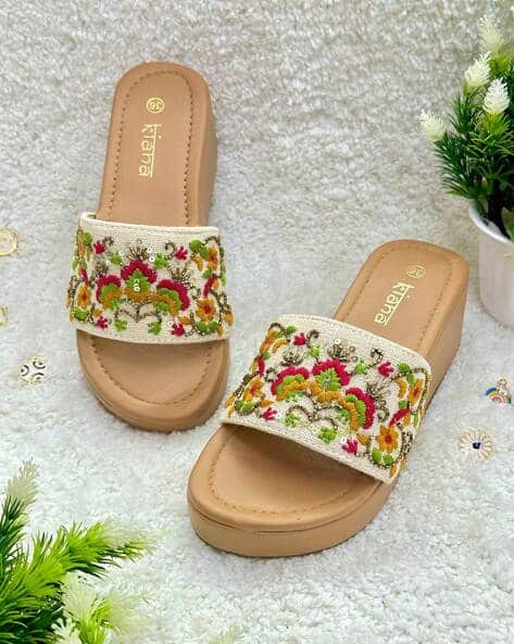 Embroidered Open-Toe Slip-On Flat Sandals