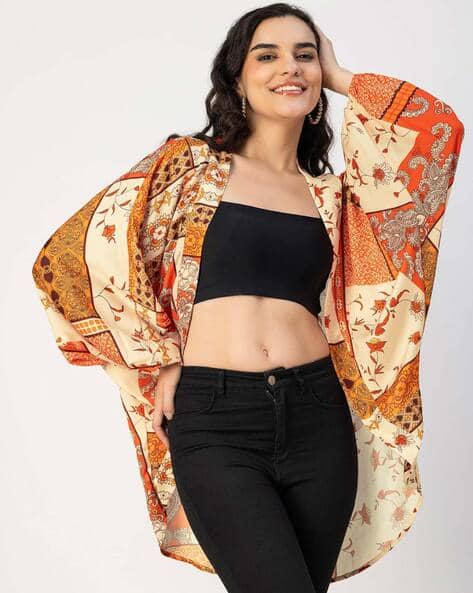 Printed Floral Shrugs Women Floral Printed Shrug With Batwing-Sleeves