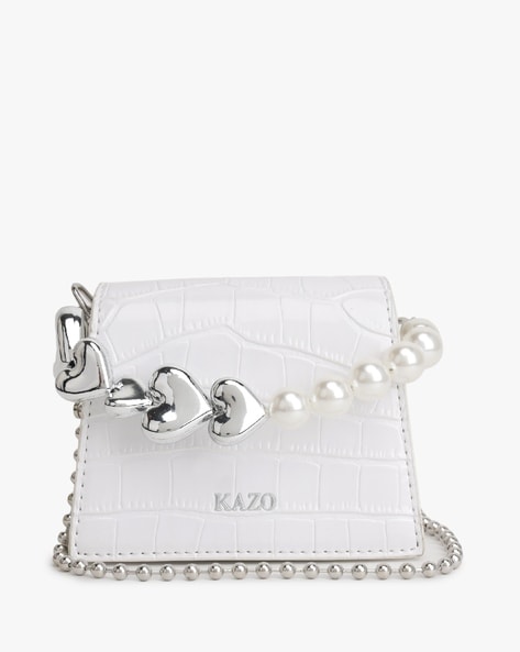 kazo white women croc embossed handbag with beaded strap