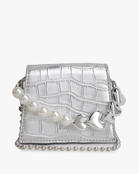 kazo silver women croc embossed handbag with beaded strap