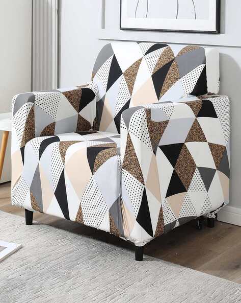 Grey Geometric Polyester 2 Seater Sofa Cover by HOKIPO