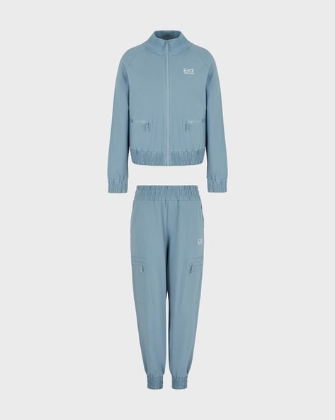 Buy EA7 Emporio Armani Full Sleeves Stylised Neck Contrast Logo Regular Fit Tracksuit Set Blue Color Women AJIO LUXE