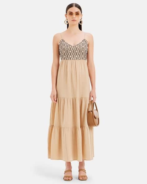 Kazo Women Embroidered V-Neck Tiered Dress