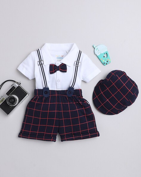 Boys Checked Shirt with Shorts & Suspender