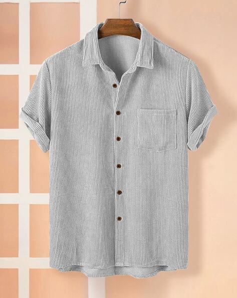 Men Ribbed Regular Fit Shirt with Patch Pocket