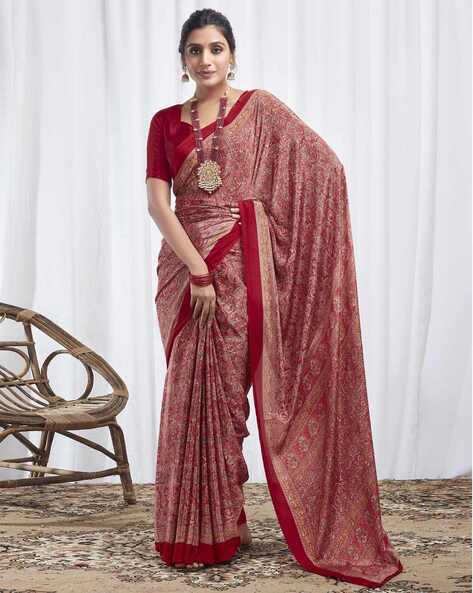 Party Wear Plain 503 Beige and Red Crepe Silk Printed Designer Saree, 6.3 m  (with blouse