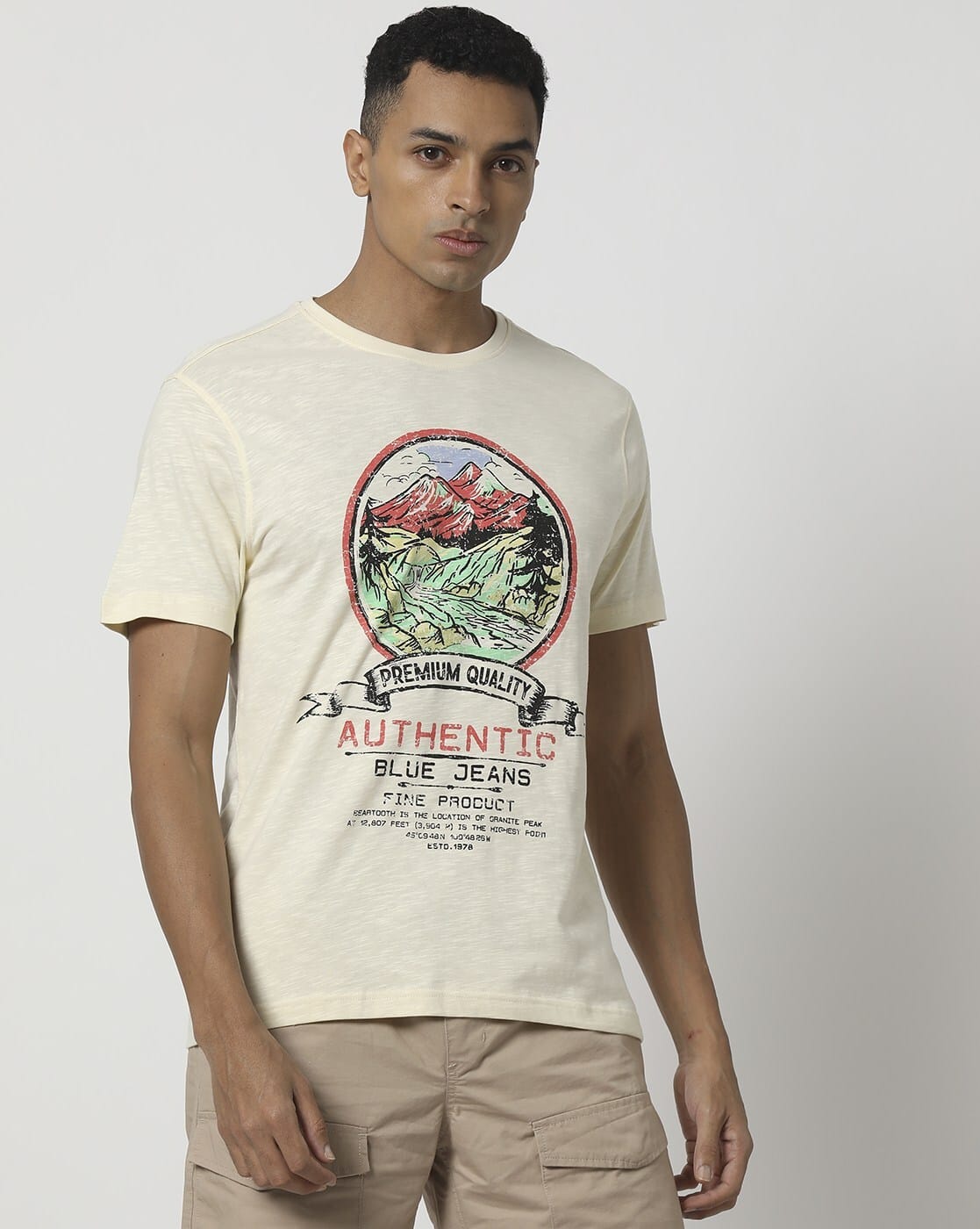 DNMX Men Graphic Print Slim Fit Crew-Neck T-Shirt For Men (Beige, XS)