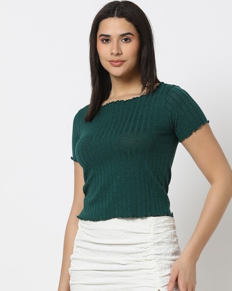 Women Ribbed Regular Fit Crew-Neck T-Shirt