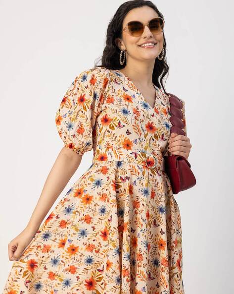 Floral Print Fit & Flare Dress with Tie-Up Waist