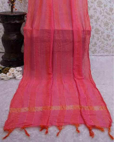 Women Striped Dupatta with Tassels Price in India
