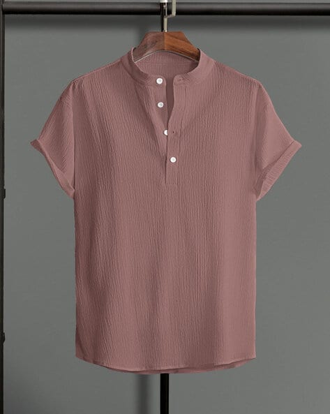 WUXI Men Loose Fit Band-Collar Shirt with Drop-Shoulder Sleeves