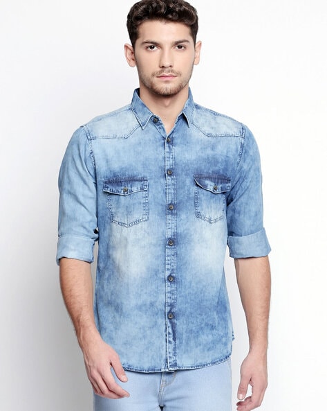 2023 New Autumn Men's Denim Shirt Cotton Elastic Casual Social Design  Double Pockets Slim Jeans Shirts for Men – the best products in the Joom  Geek online store