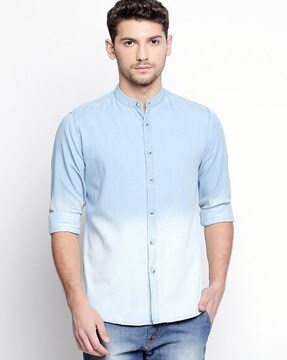 Band collar best sale denim shirt