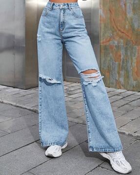 Bigersell Women's High Skinny Jeans Full Length Pants Jeans Women Fashion  High Waist Wide Leg Stretch Thin Stitching Denim Flared Pants Ladies' Loose