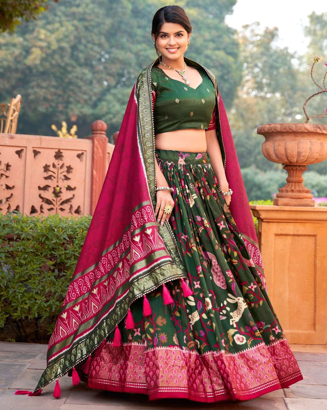 Light-Green Lehenga Choli with Digital Print Floral Motif and All-Over  Sequins Work Dupatta | Exotic India Art