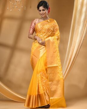 Lace Embroidered Soft Silk Mustard Yellow Saree