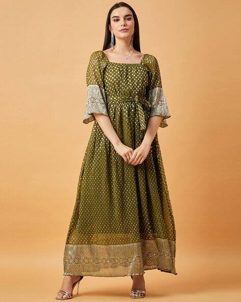 green emerald velvet dress Shop Mehendi and Parrot Green Bandhej Kaftaan Dress Online in USA – Pure  Elegance main image 0
