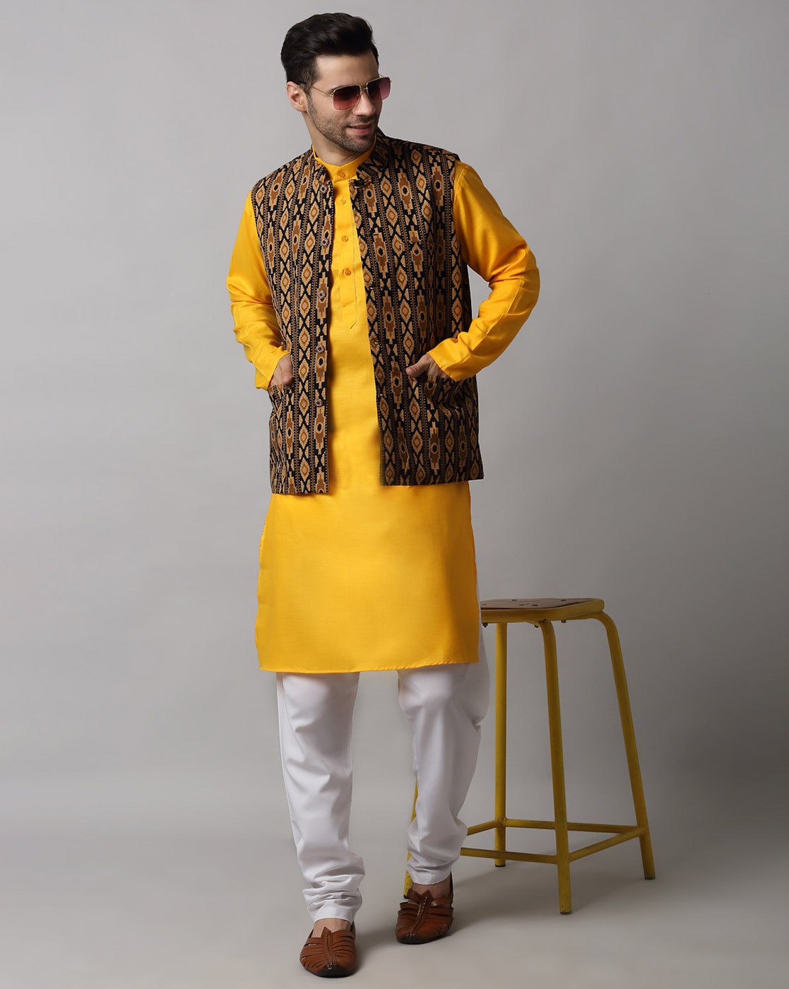 KRAFT INDIA Boys Yellow Silk Blend Kurta and Churidar with Jacquard Pe