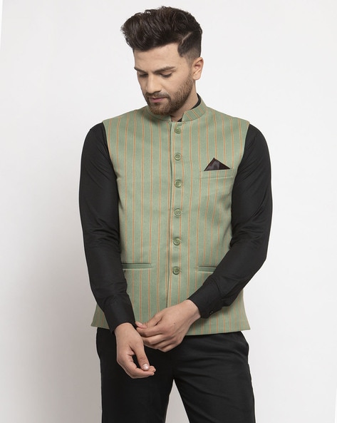 VASTRAMAY Men's Green Jacquard Nehru Jacket – vastramay