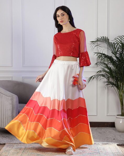 Buy Coffee Choli With Attached Dupatta And Layered Lehenga Skirt Online -  Kalki Fashion