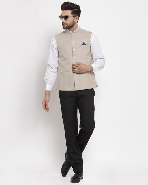 Arjan Dugal Linen Reversible Nehru Jacket | Grey, Linen, Band, Sleeveless