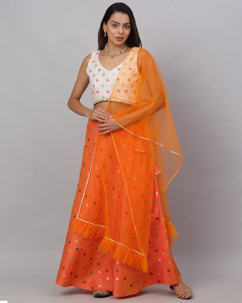 Orange and White Floral Printed Lehenga – Lashkaraa