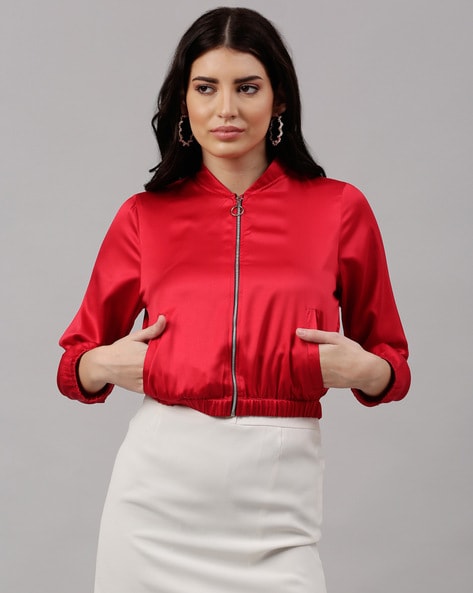 Red silk hot sale bomber jacket