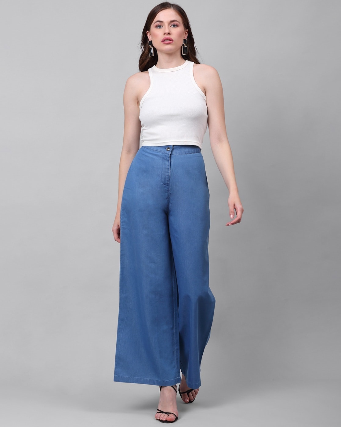 Buy Women Blue Solid High Rise Denim Parallel Trousers - Trousers for Women  | Sassafras.in
