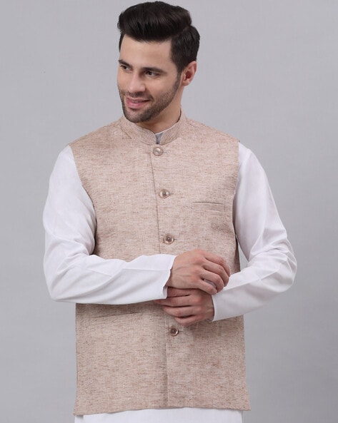 Beige Wollen Blend Nehru Jacket - Buy Online at – TJORI