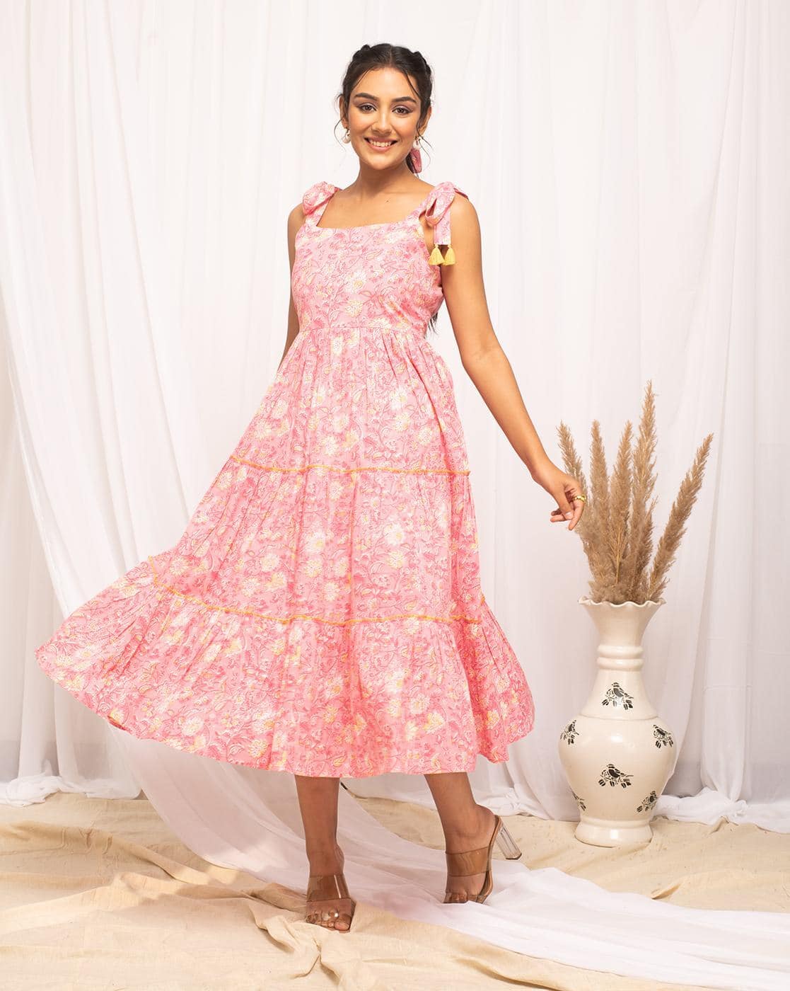 FIORRA Women Floral Print Square-Neck Tiered Dress (Peach)