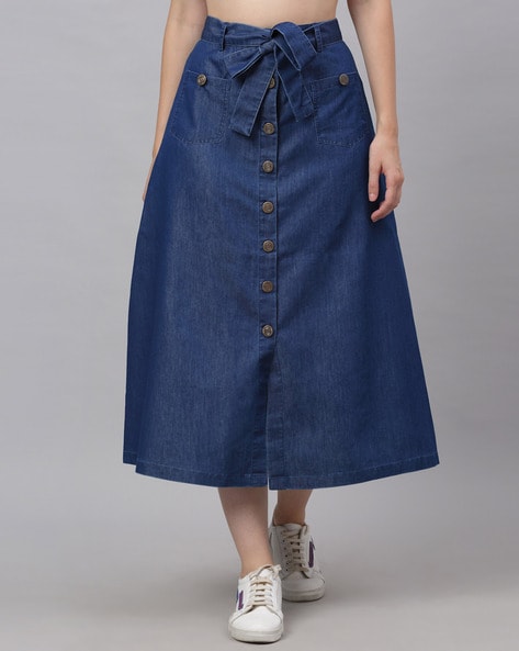 Womens High Waist A-line Skirts Long Denim Skirt Pleated Gown Jeans Casual  Dress | eBay