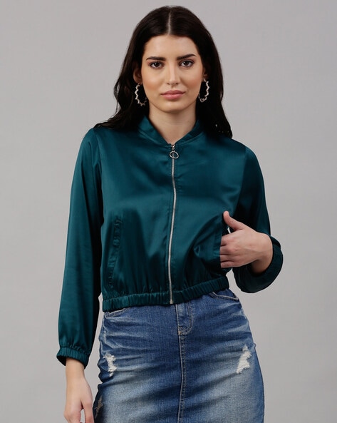 Green satin on sale bomber jacket womens