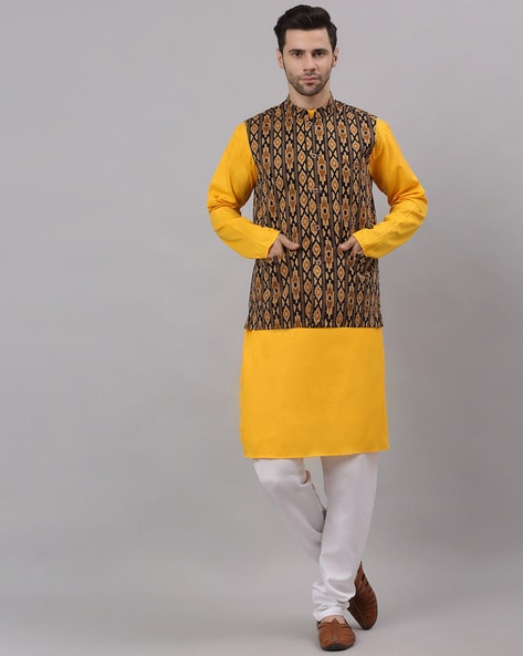 Yellow Jacquard Wedding Kurta Pajama With Jacket at best price in Mumbai
