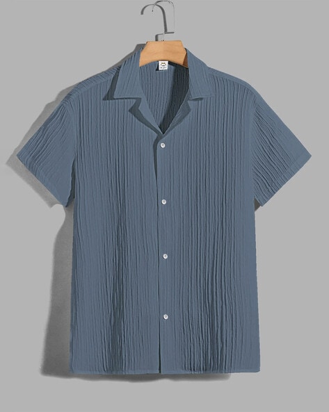 Textured Loose Fit Shirt with Cutaway Neck