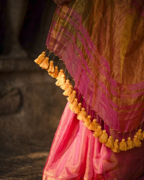 Pink Saree in Leheriya Mothda with Gota Hand Work - Rana's by Kshitija