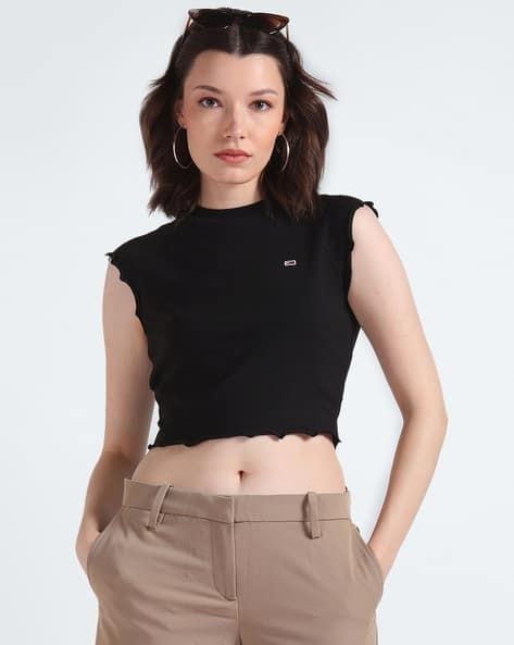 Women Babylock Ribbed Slim Fit Crew-Neck Crop T-Shirt