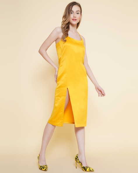Final Sale Plus Size Halter BodyCon Satin Dress in Yellow – Chic And Curvy