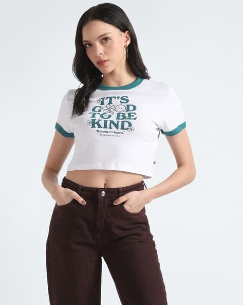 Women Novelty Ringer Slim Fit Crop Crew-Neck T-Shirt